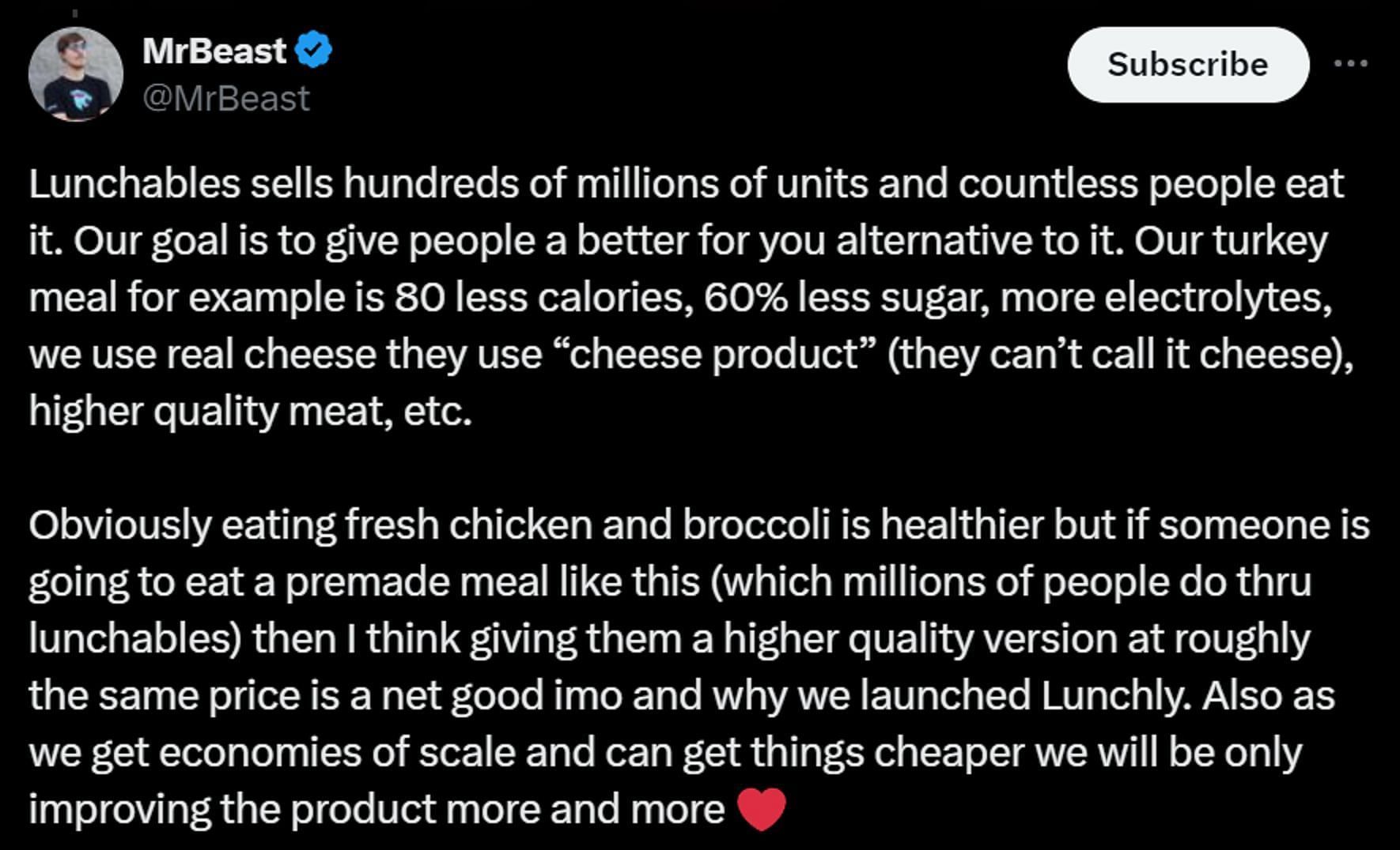MrBeast labels Lunchly as a healthier alternative to Lunchables (Image via X/@MrBeast)